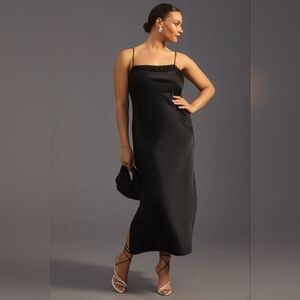 Anthropologie‎ Square-Neck Slip Dress Womens Size LP Black Midi Satin Sleeveless